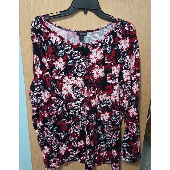 Erika Size 2X Ladies Floral Print Long Sleeve Top Red Black White Blouse - Picture 1 of 4